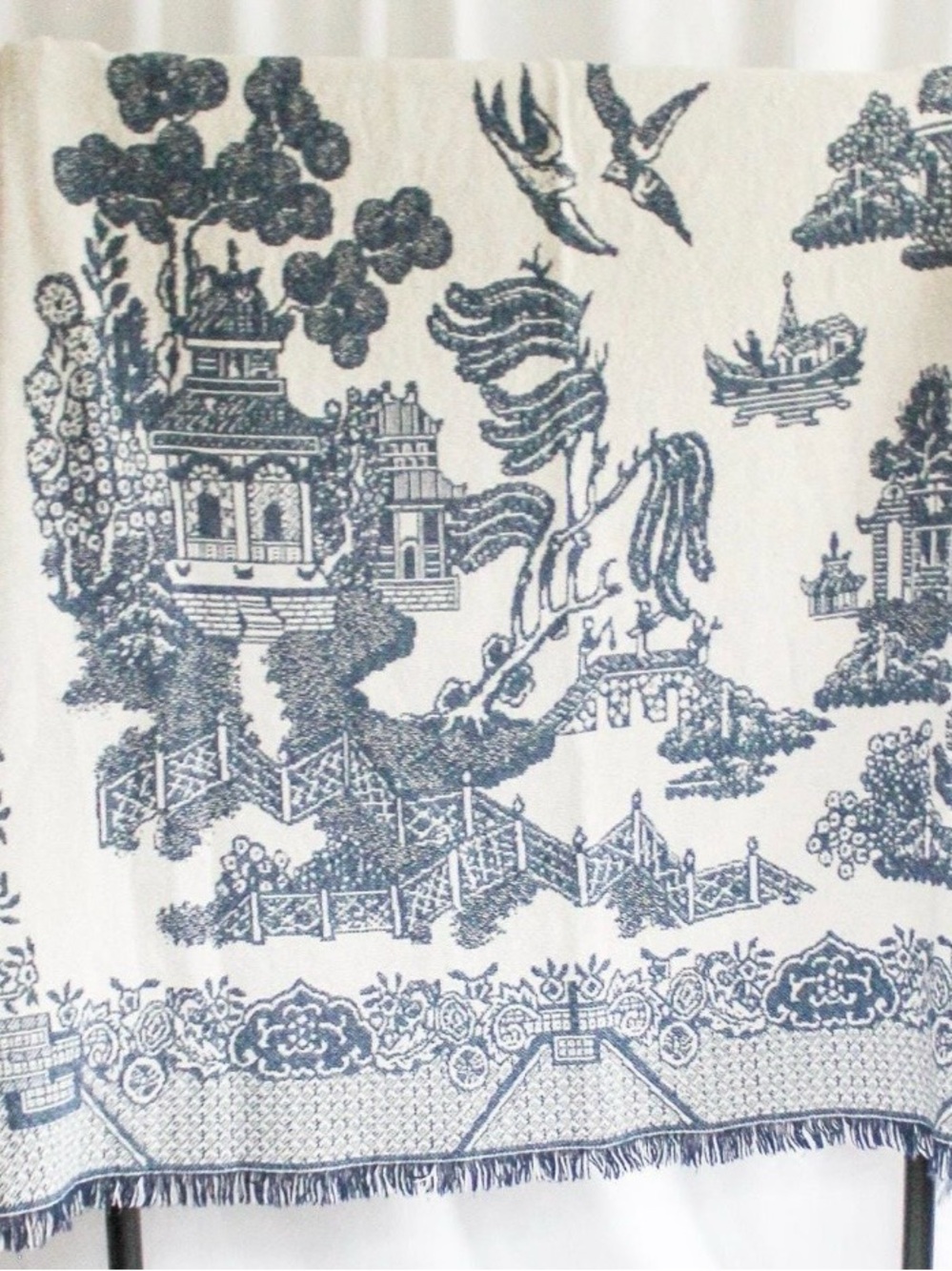 Chinoiserie Vintage Woven Tapestry Blanket with Fringe approx 50x60”